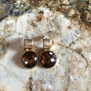 Topaz-like sparkly round dangle earrings with gold-tone